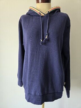 HBC STRIPES Navy Hooded Pullover Sweater with Striped Trim. Size M